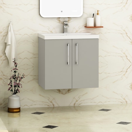 Modena 500mm Satin Grey Wall Hung Vanity Unit 2 Door Cabinet with Mid-Edge Basin