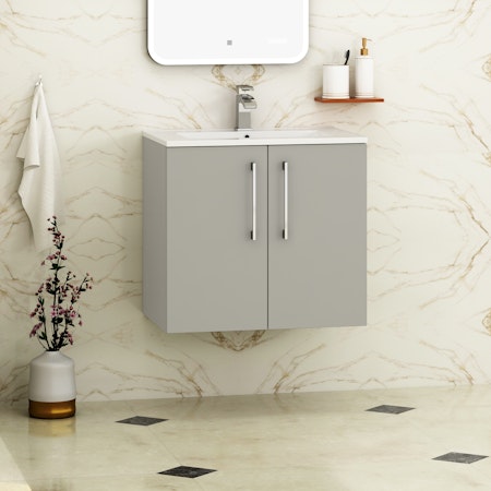 Modena 800mm Satin Grey Wall Hung Vanity Unit 2 Door Cabinet with Minimalist Basin