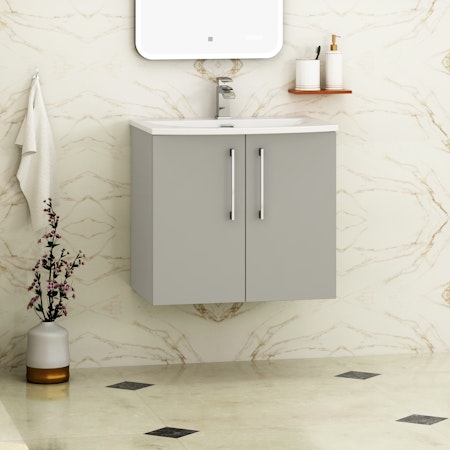 Modena Satin Grey 2 Door Wall Mounted Vanity Unit with Curved Basin - Optional Size & Handles