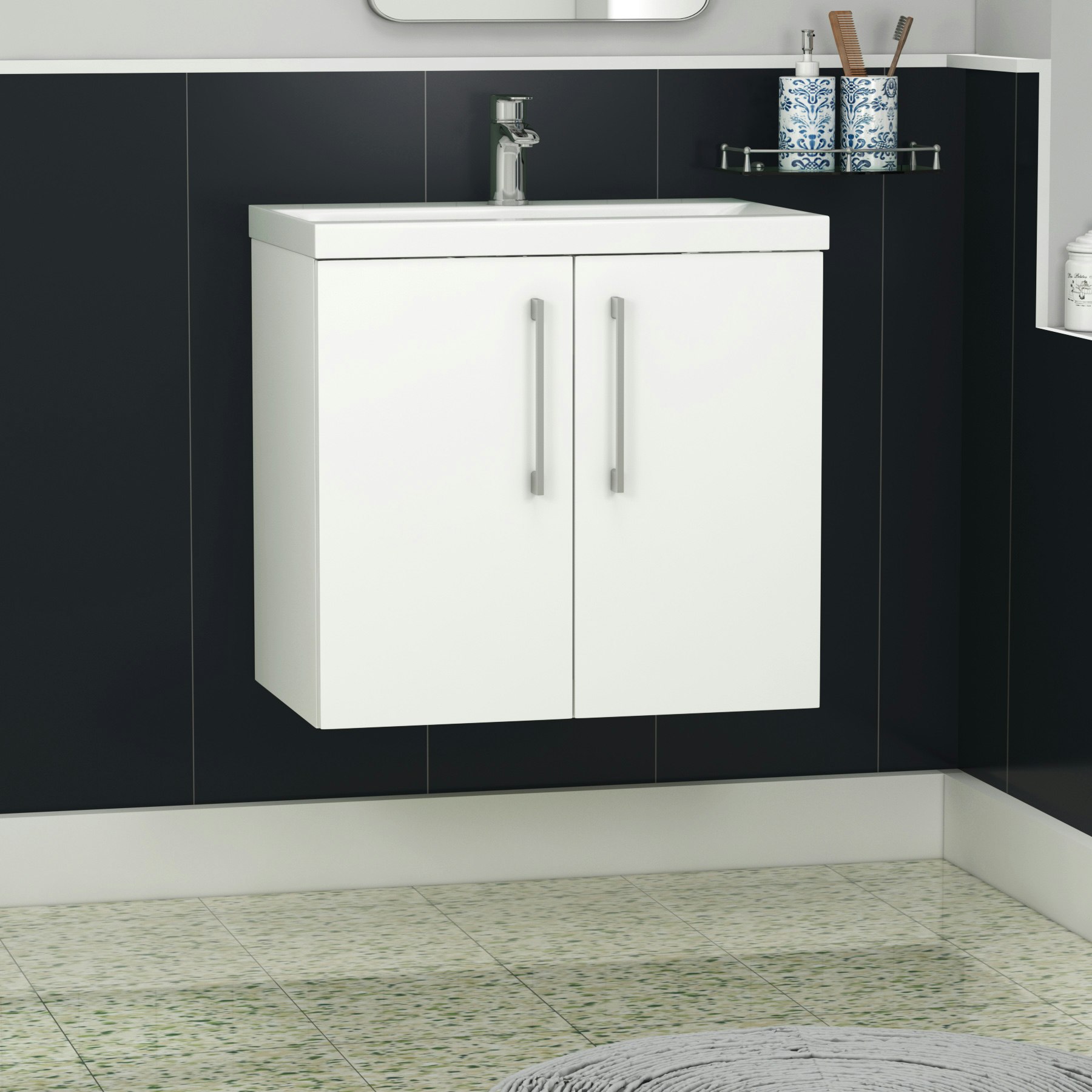 Modena 600mm Satin White Wall Hung Vanity Unit 2 Door Cabinet with Mid-Edge Basin