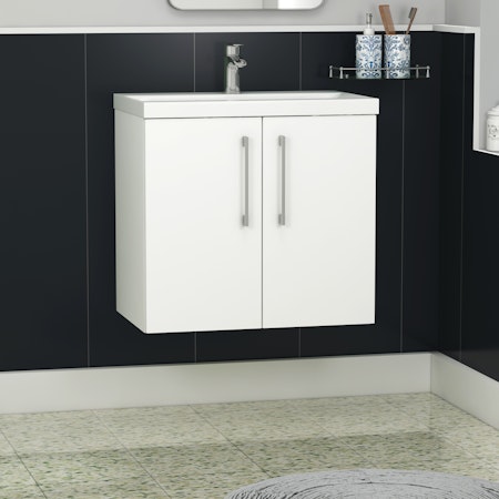 Modena 800mm Satin White Wall Hung Vanity Unit 2 Door Cabinet with Mid-Edge Basin
