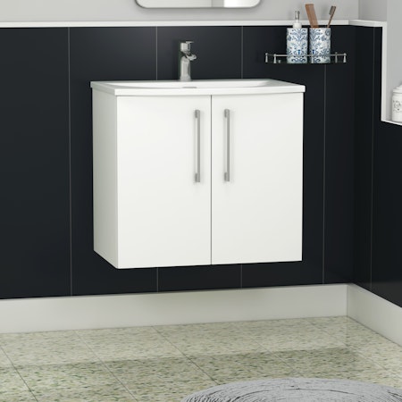 Modena 500mm Satin White Wall Hung Vanity Unit 2 Door Cabinet with Curved Basin
