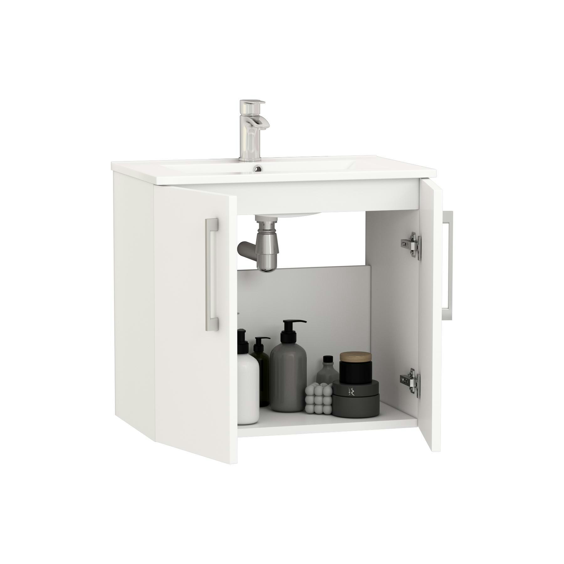 Modena 600mm Satin White Wall Hung Vanity Unit 2 Door Cabinet with Mid-Edge Basin