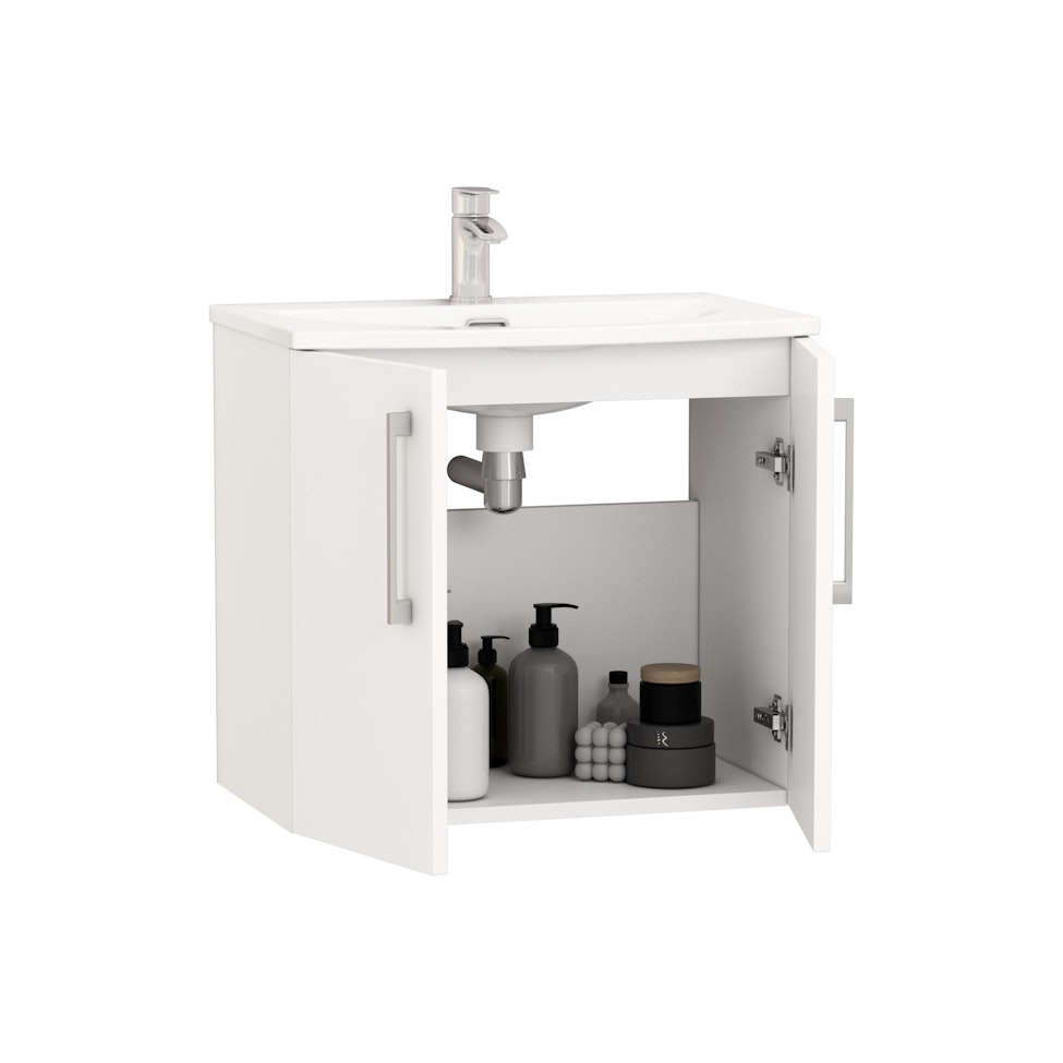 Modena 600mm Satin White Wall Hung Vanity Unit 2 Door Cabinet with Curved Basin
