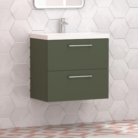 Modena Satin Green 2 Drawer Wall Mounted Vanity Unit with Mid-Edge Basin - Optional Size & Handles
