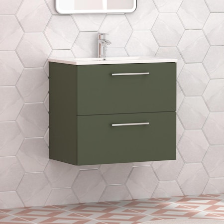 Modena 800mm Satin Green Wall Hung Vanity Unit 2 Drawer Cabinet with Minimalist Basin
