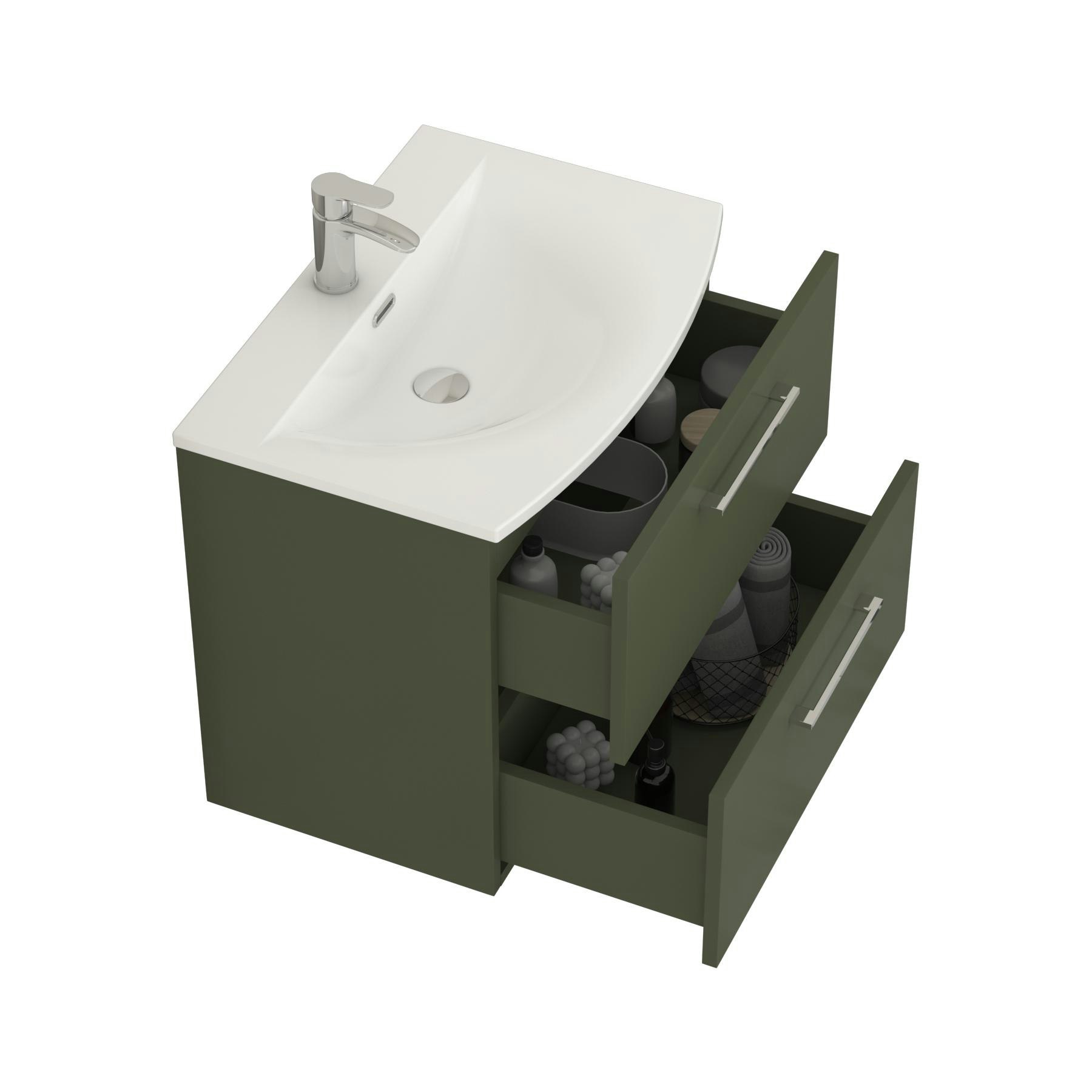 Modena Satin Green 2 Drawer Wall Mounted Vanity Unit with Curved Basin