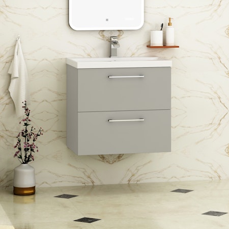 Modena 500mm Satin Grey Wall Hung Vanity Unit 2 Drawer Cabinet with Mid-Edge Basin