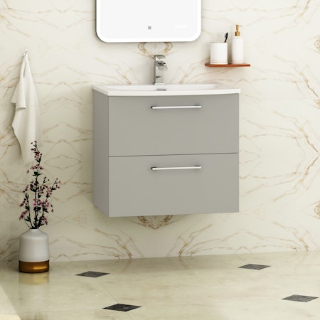 Modena Satin Grey 2 Drawer Wall Mounted Vanity Unit with Curved Basin - Optional Size & Handles