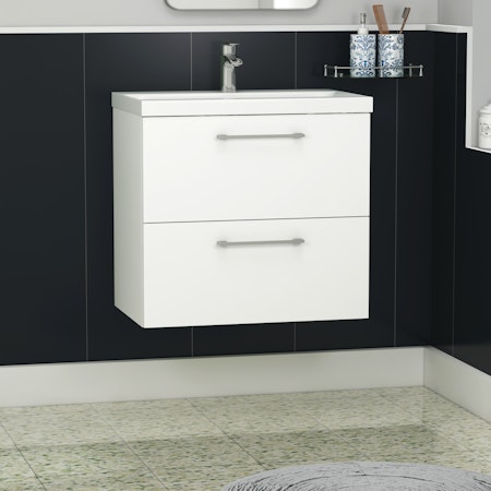 Modena 500mm Satin White Wall Hung Vanity Unit 2 Drawer Cabinet with Mid-Edge Basin
