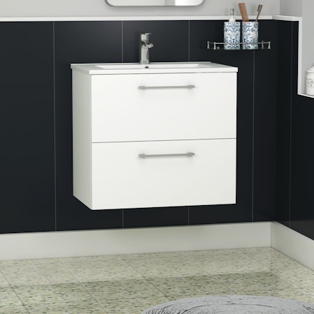 Modena 800mm Satin White Wall Hung Vanity Unit 2 Drawer Cabinet with Minimalist Basin