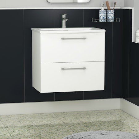 Modena Satin White 2 Drawer Wall Mounted Vanity Unit with Curved Basin - Optional Size & Handles