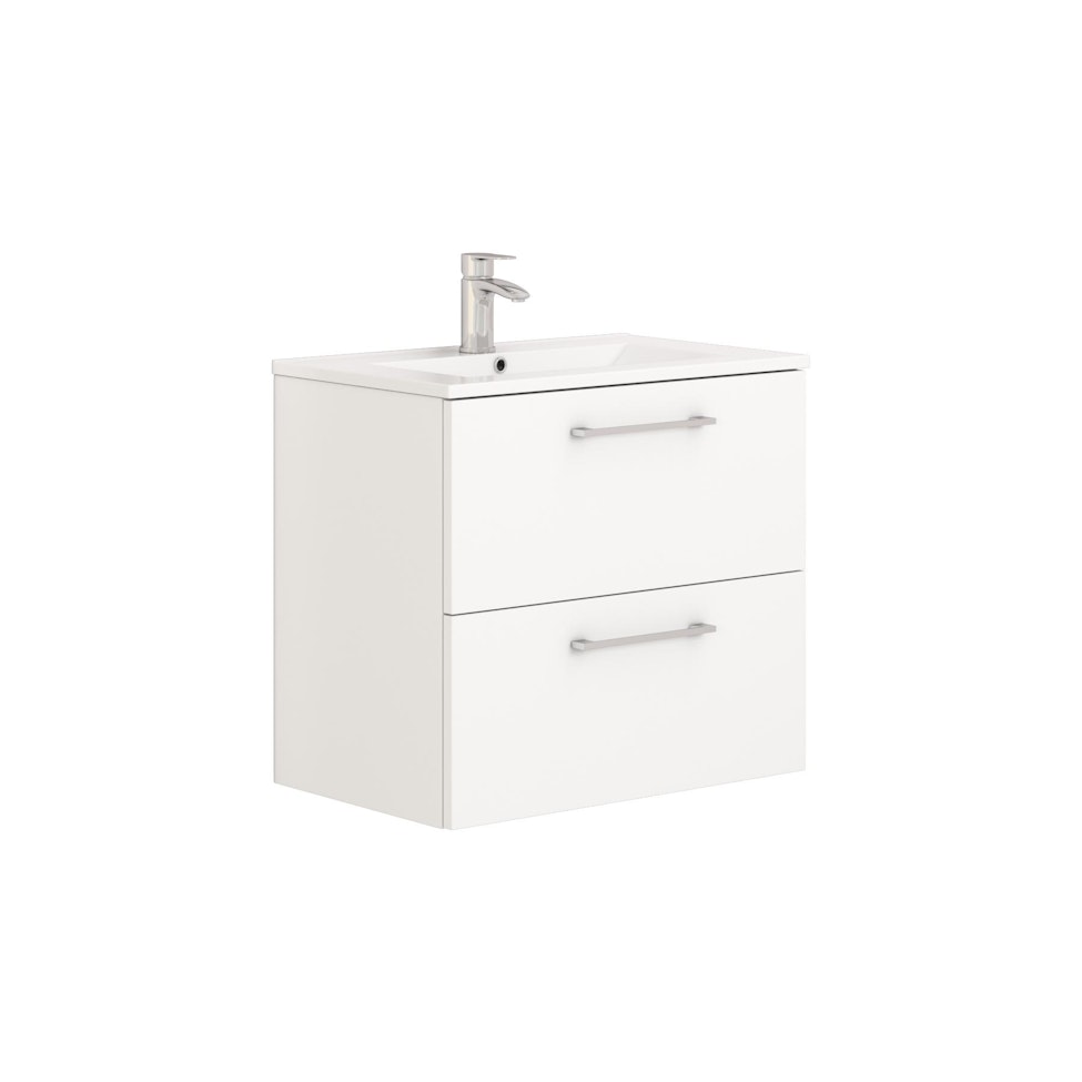Modena 800mm Satin White Wall Hung Vanity Unit 2 Drawer Cabinet with Minimalist Basin