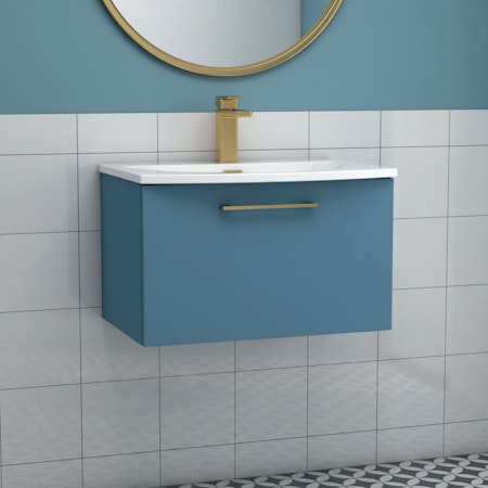 Modena Satin Blue 1 Drawer Wall Mounted Vanity Unit with Curved Basin - Optional Size & Handles