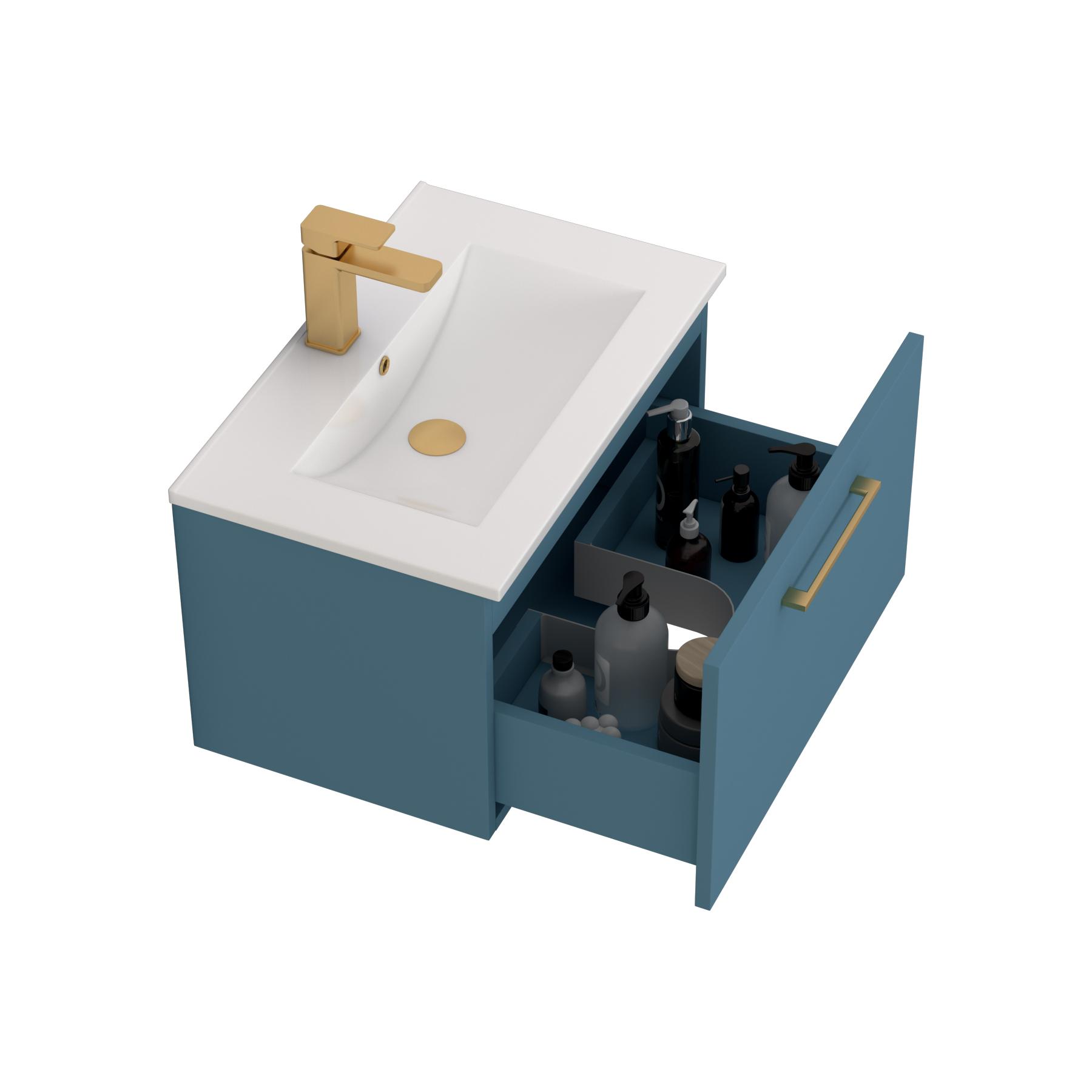 Modena 800mm Satin Blue Wall Hung Vanity Unit 1 Drawer Minimalist Basin With Brushed Brass Handle