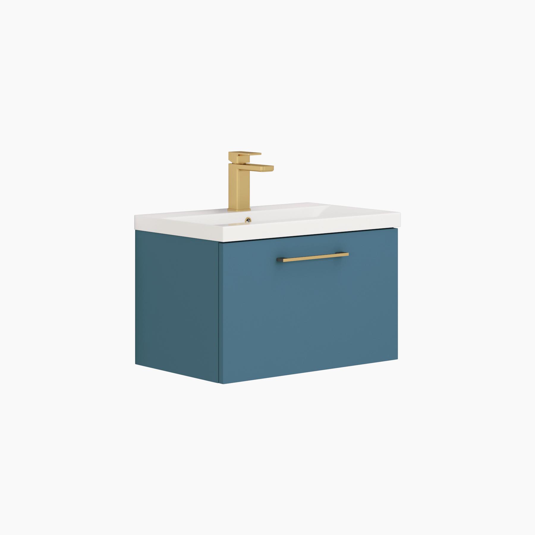 Modena 800mm Satin Blue Wall Hung Vanity Unit 1 Drawer Mid-Edge Basin With Brushed Brass Handle