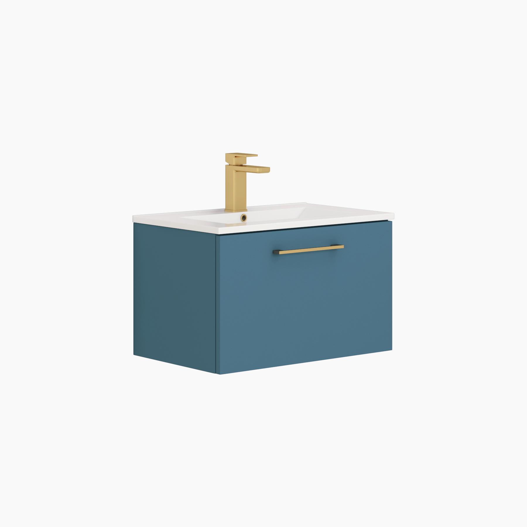 Modena 800mm Satin Blue Wall Hung Vanity Unit 1 Drawer Minimalist Basin With Brushed Brass Handle