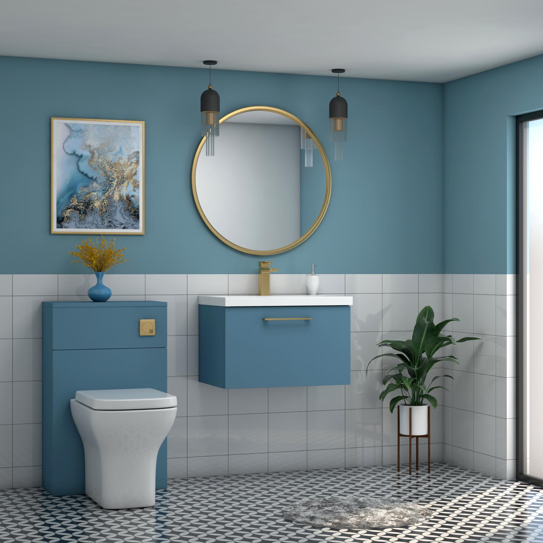 Modena 800mm Satin Blue Wall Hung Vanity Unit 1 Drawer Minimalist Basin With Brushed Brass Handle