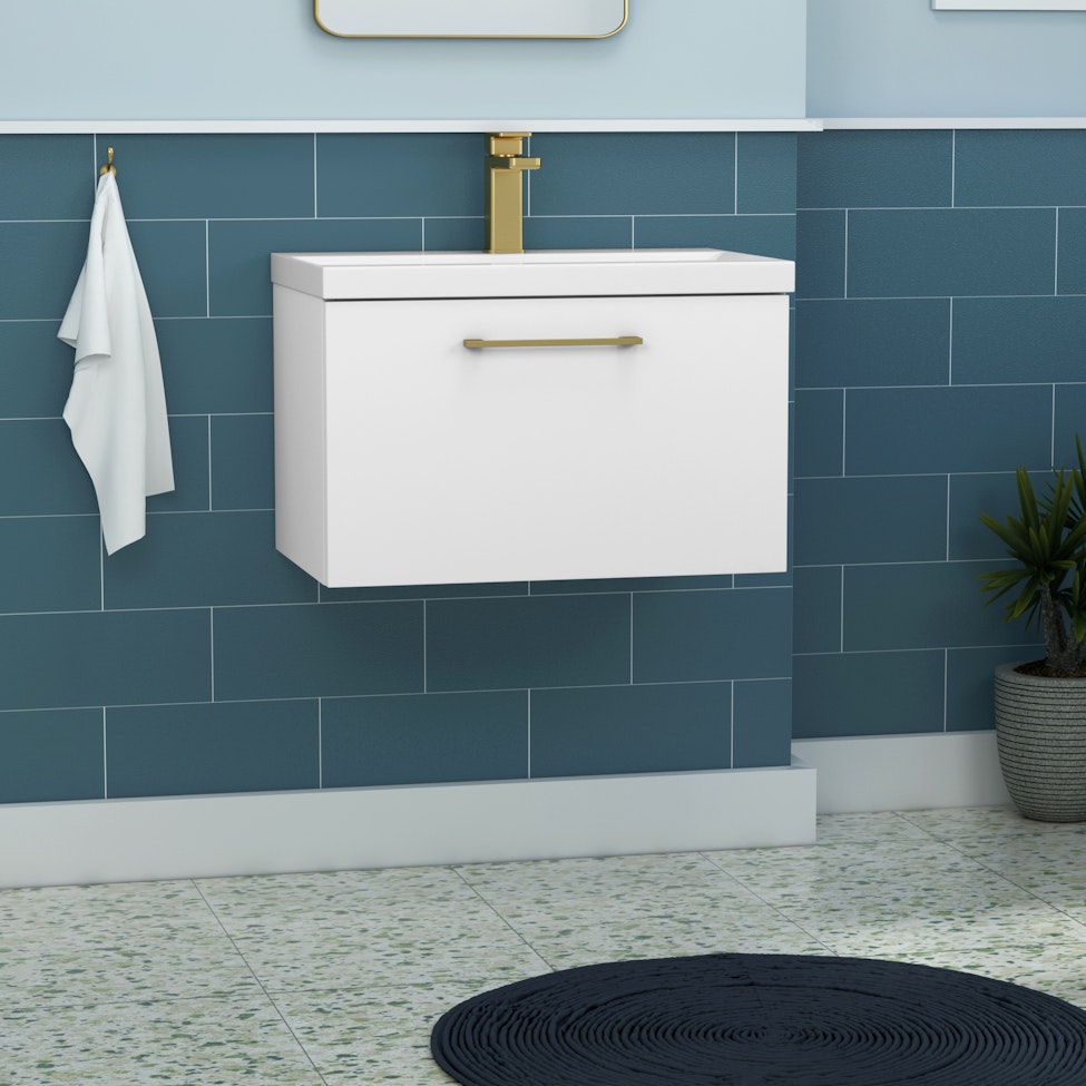 Modena 800mm Satin White Wall Hung Vanity Unit 1 Drawer Mid-Edge Basin With Brushed Brass Handle