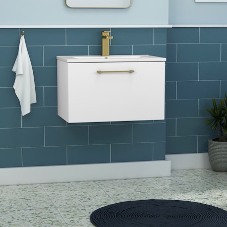 Modena 500mm Satin White Wall Hung Vanity Unit 1 Drawer Minimalist Basin With Brushed Brass Handle
