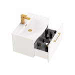 Modena 600mm Satin White Wall Hung Vanity Unit 1 Drawer Curved Basin With Brushed Brass Handle