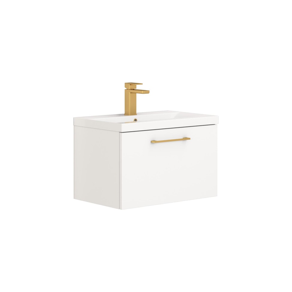 Modena 600mm Satin White Wall Hung Vanity Unit 1 Drawer Mid-Edge Basin With Brushed Brass Handle