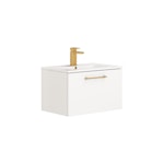 Modena 800mm Satin White Wall Hung Vanity Unit 1 Drawer Minimalist Basin With Brushed Brass Handle