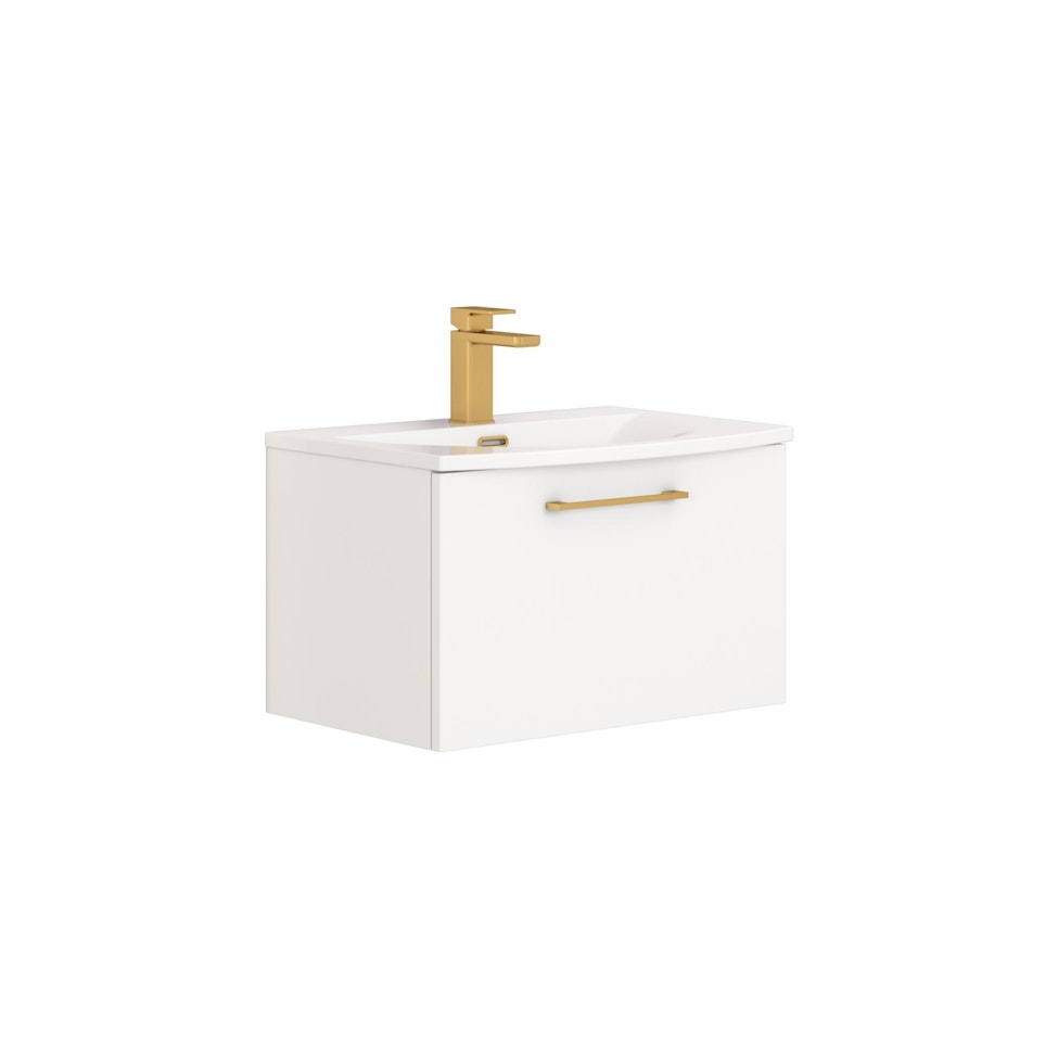 Modena 600mm Satin White Wall Hung Vanity Unit 1 Drawer Curved Basin With Brushed Brass Handle
