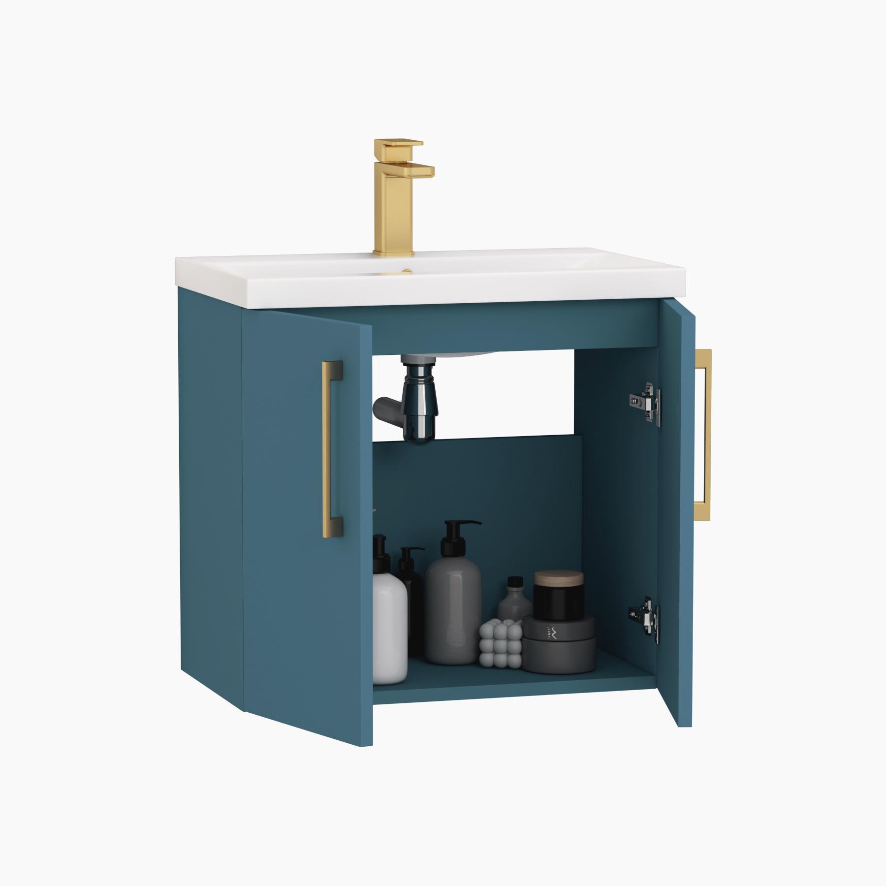 Modena Satin Blue 2 Door Wall Mounted Vanity Unit with Mid-Edge Basin - Optional Size & Handles