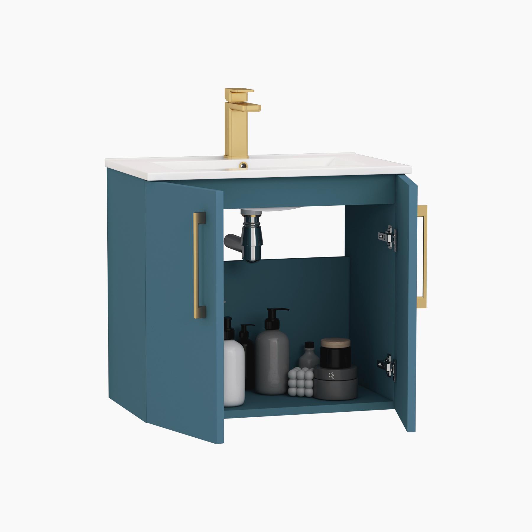 Modena 800mm Satin Blue Wall Hung Vanity Unit 2 Door Mid-Edge Basin With Brushed Brass Handle