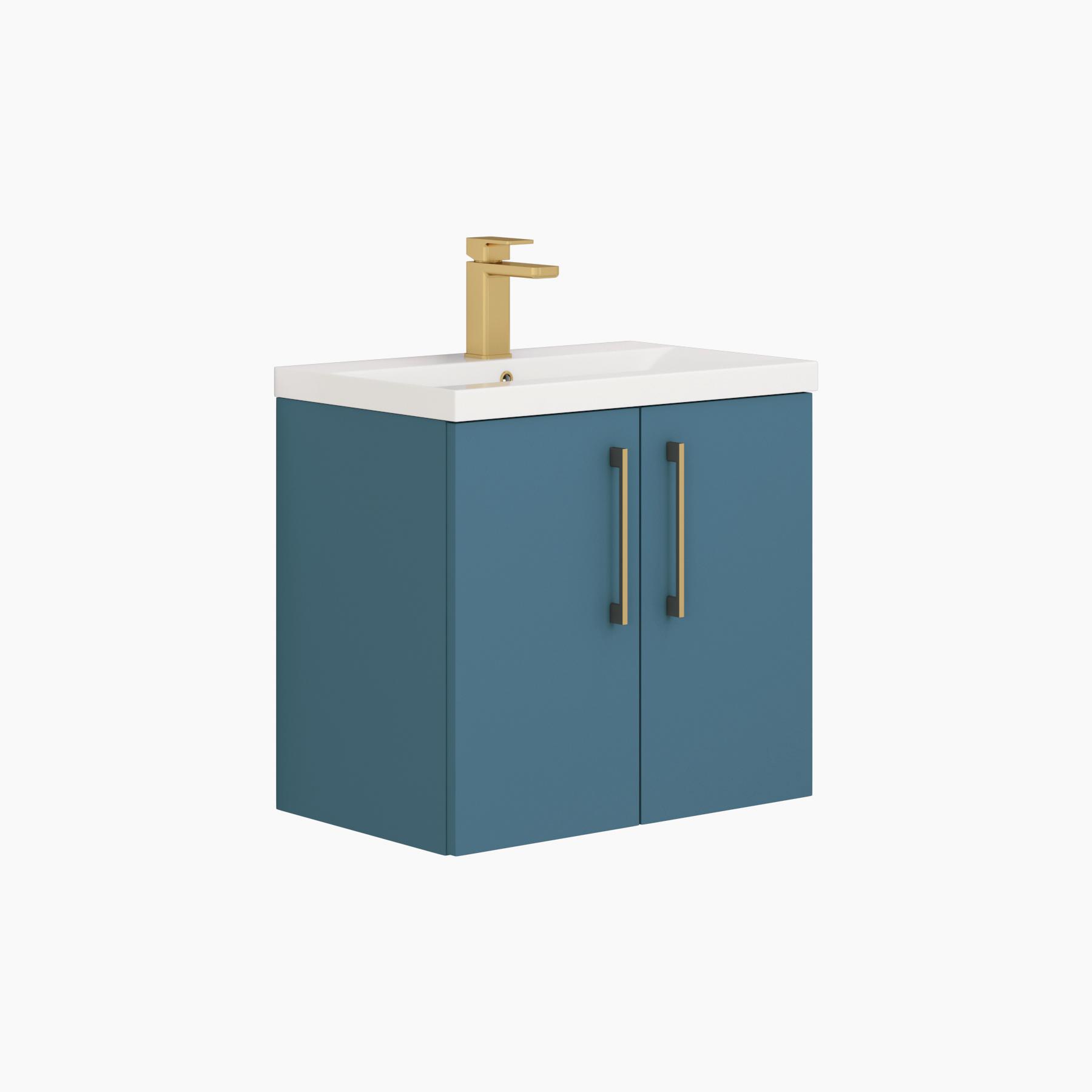 Modena 800mm Satin Blue Wall Hung Vanity Unit 2 Door Mid-Edge Basin With Brushed Brass Handle