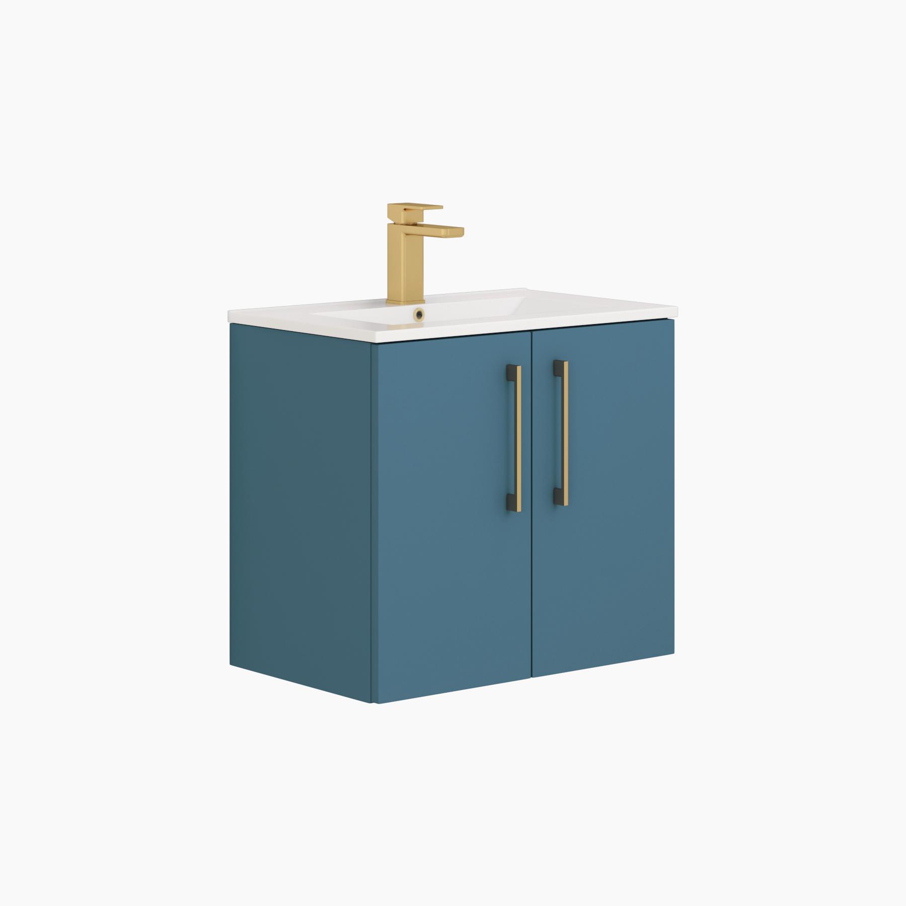 Modena 800mm Satin Blue Wall Hung Vanity Unit 2 Door Minimalist Basin With Brushed Brass Handle