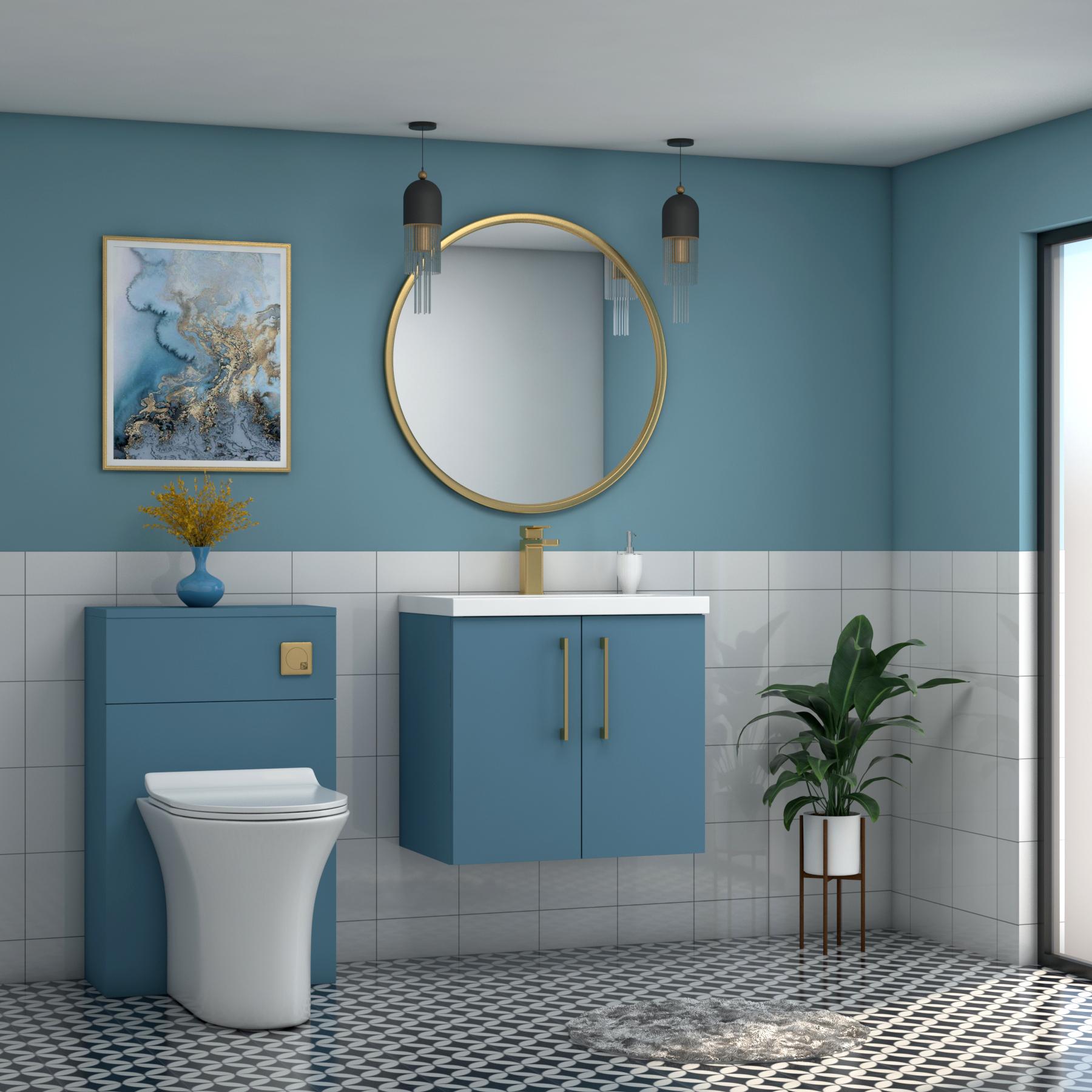 Modena 800mm Satin Blue Wall Hung Vanity Unit 2 Door Mid-Edge Basin With Brushed Brass Handle