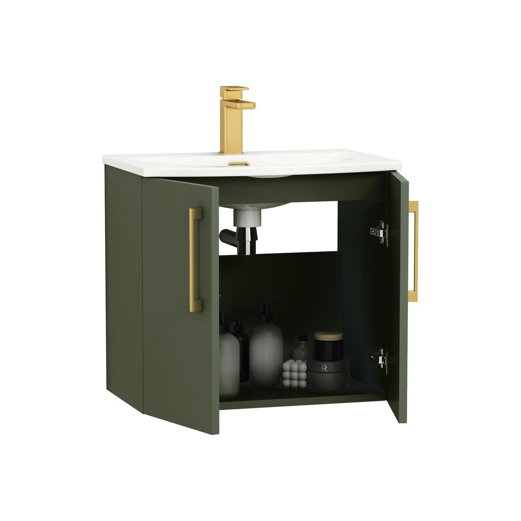 Modena Satin Green 2 Door Wall Mounted Vanity Unit with Curved Basin - Optional Size & Handles