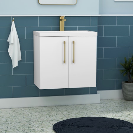 Modena 500mm Satin White Wall Hung Vanity Unit 2 Door Mid-Edge Basin With Brushed Brass Handle