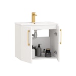 Modena 600mm Satin White Wall Hung Vanity Unit 2 Door Minimalist Basin With Brushed Brass Handle
