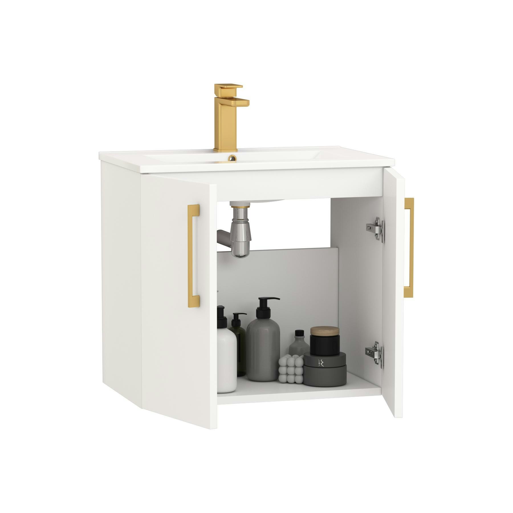 Modena 800mm Satin White Wall Hung Vanity Unit 2 Door Mid-Edge Basin With Brushed Brass Handle