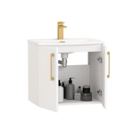 Modena 600mm Satin White Wall Hung Vanity Unit 2 Door Curved Basin With Brushed Brass Handle