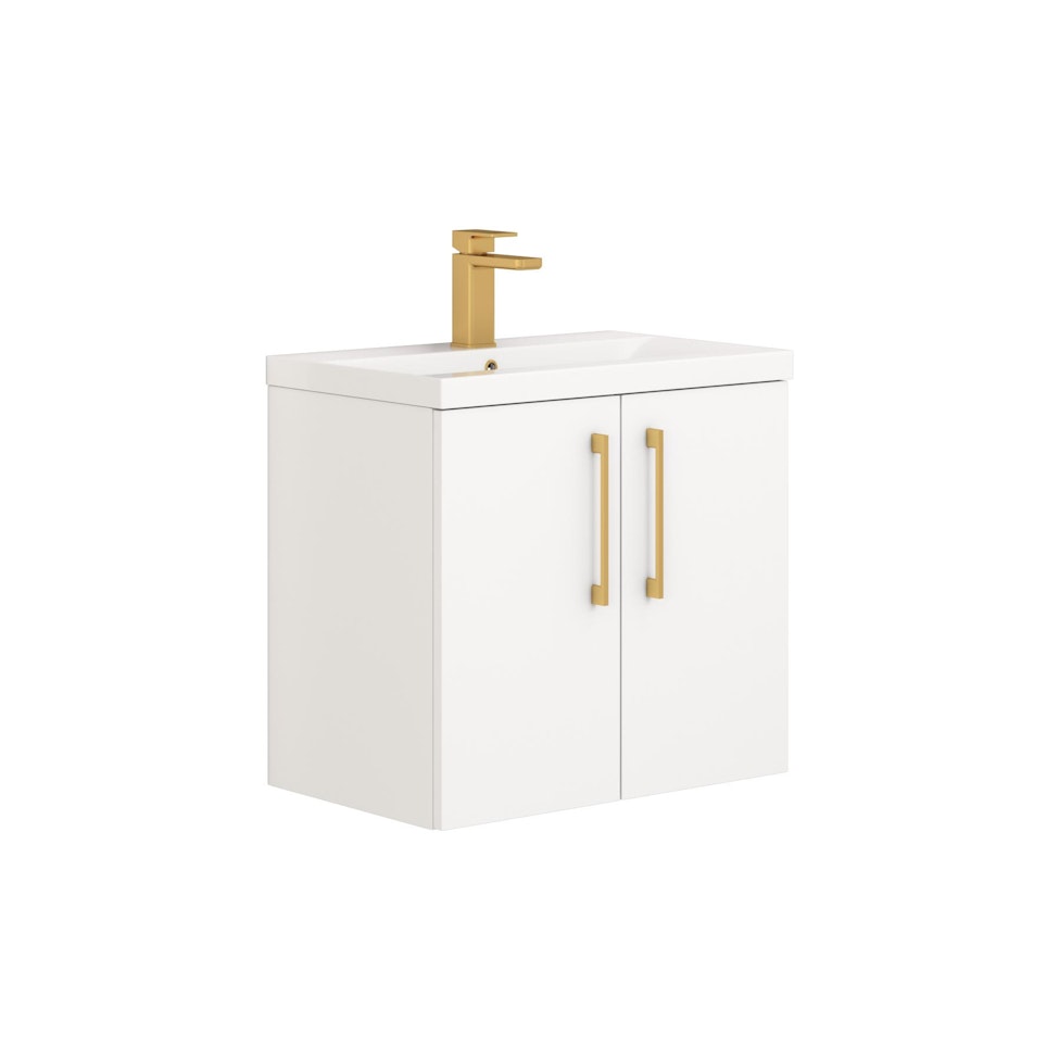 Modena 600mm Satin White Wall Hung Vanity Unit 2 Door Mid-Edge Basin With Brushed Brass Handle