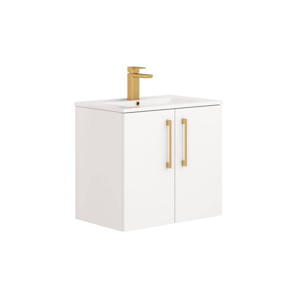 Modena 600mm Satin White Wall Hung Vanity Unit 2 Door Minimalist Basin With Brushed Brass Handle
