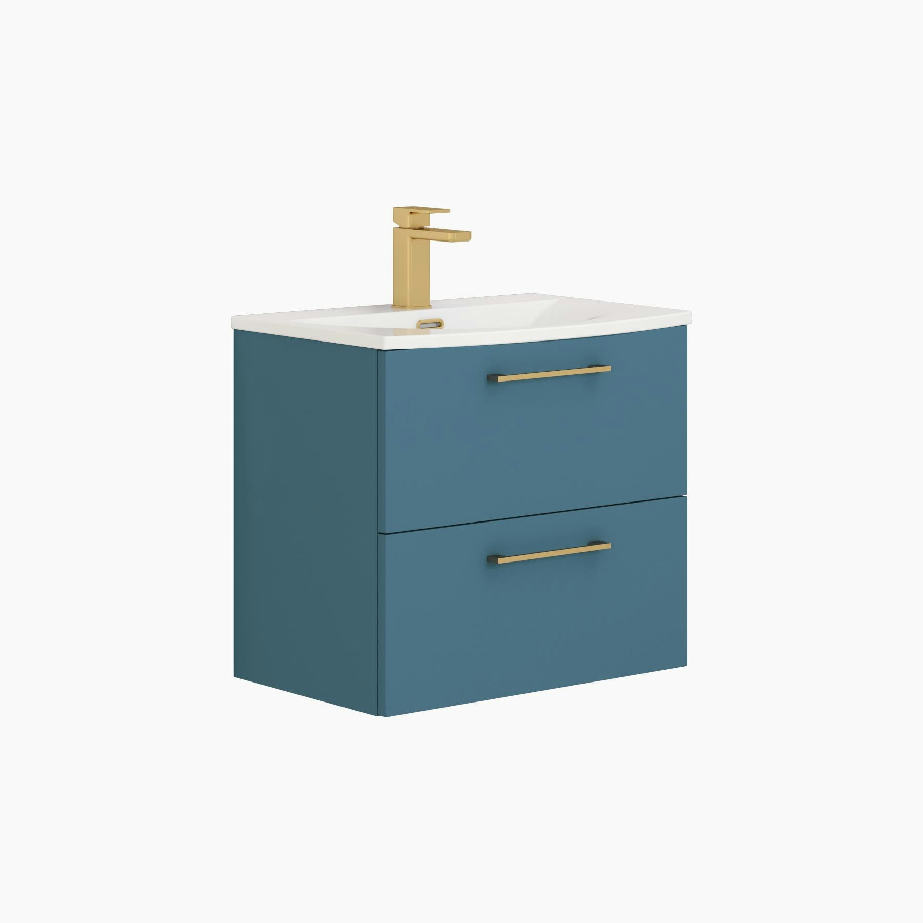 Modena Satin Blue 2 Drawer Wall Mounted Vanity Unit with Curved Basin - Optional Size & Handles