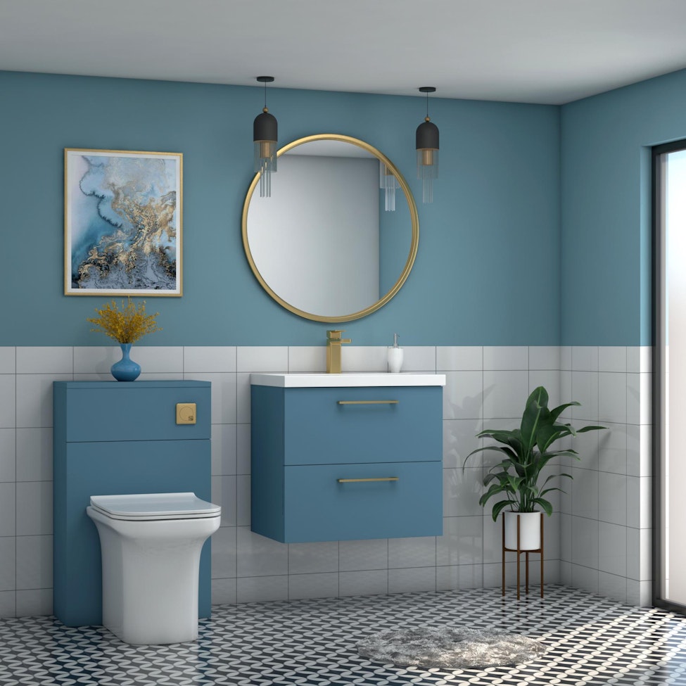 Modena Satin Blue 2 Drawer Wall Mounted Vanity Unit with Minimalist Basin - Optional Size & Handles