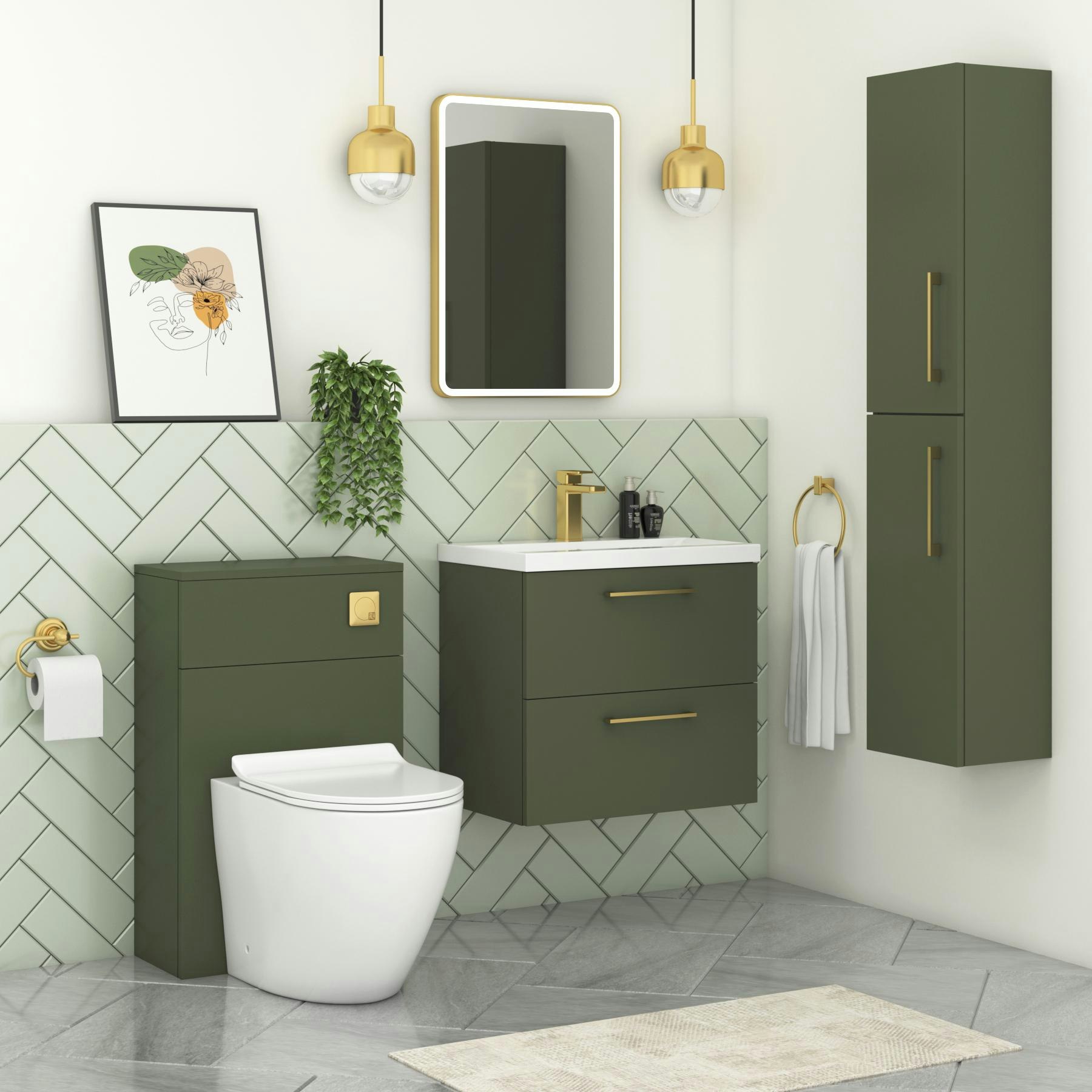 Modena Satin Green 2 Drawer Wall Mounted Vanity Unit with Minimalist