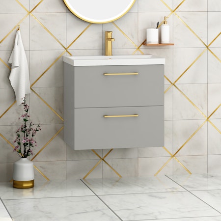 Modena Satin Grey 2 Drawer Wall Mounted Vanity Unit with Mid-Edge Basin - Optional Size & Handles