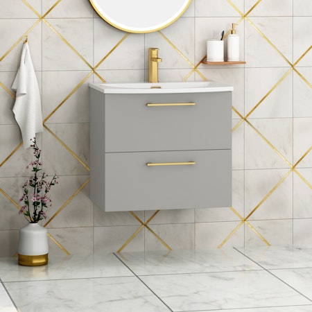 Modena 600mm Satin Grey Wall Hung Vanity Unit 2 Drawer Curved Basin With Brushed Brass Handle