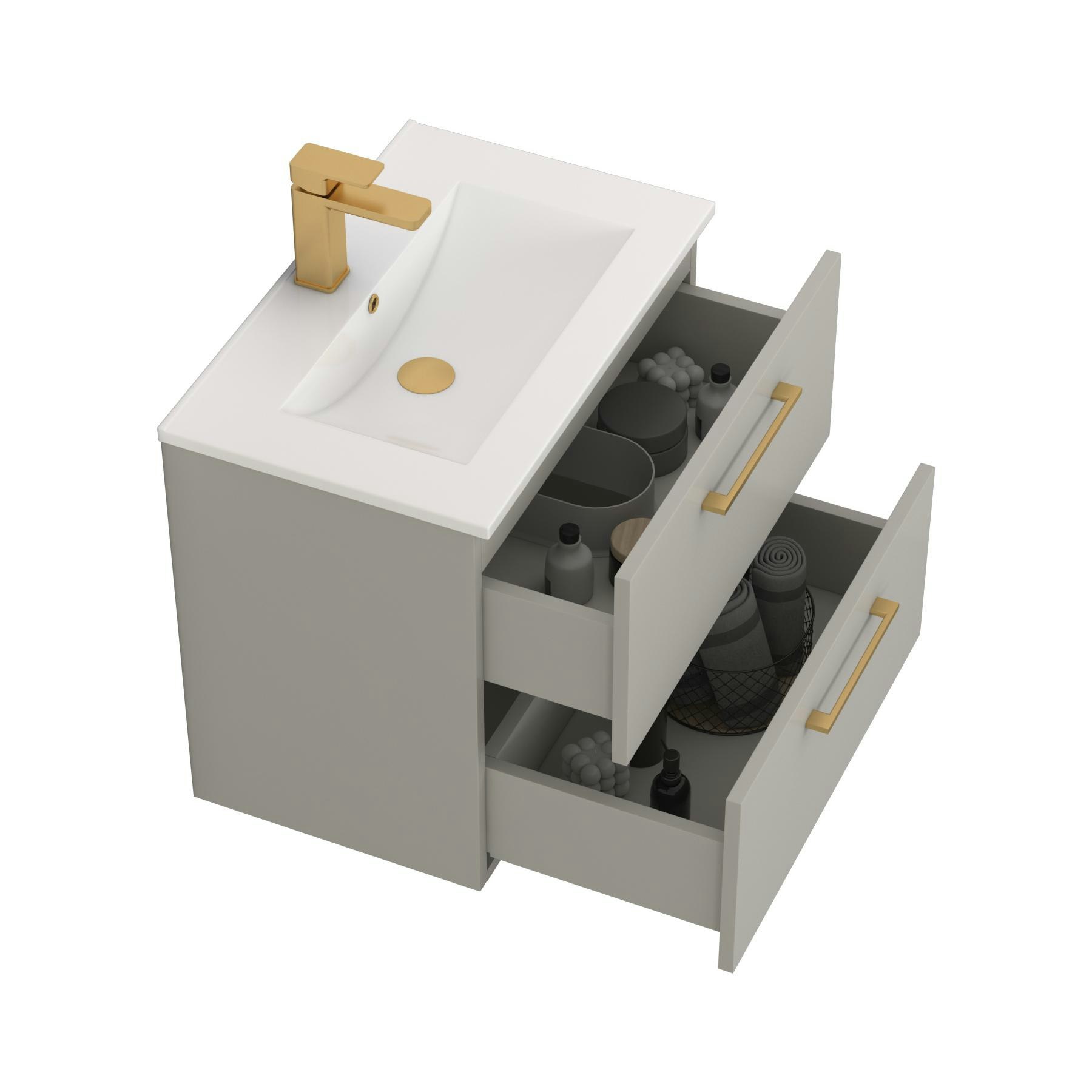 Modena 600mm Satin Grey Wall Hung Vanity Unit 2 Drawer Minimalist Basin With Brushed Brass Handle