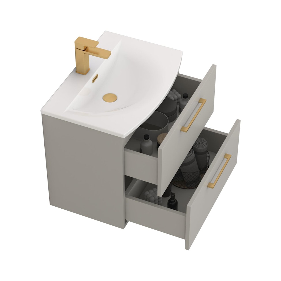 Modena 600mm Satin Grey Wall Hung Vanity Unit 2 Drawer Curved Basin With Brushed Brass Handle