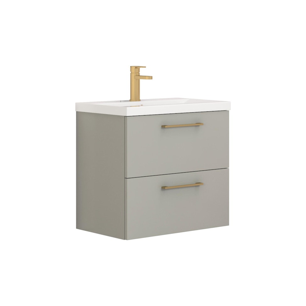 Modena 600mm Satin Grey Wall Hung Vanity Unit 2 Drawer Mid-Edge Basin With Brushed Brass Handle