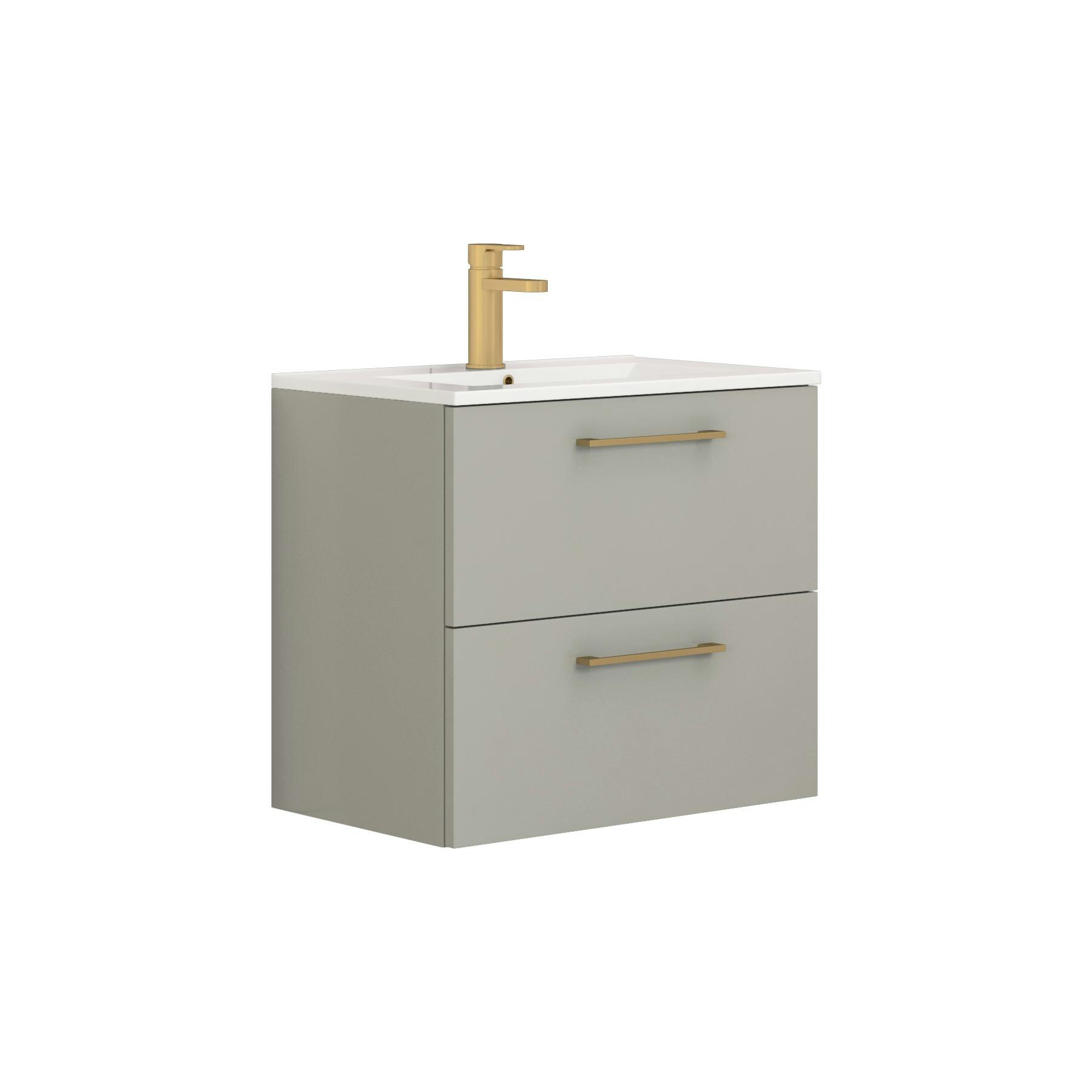 Modena 800mm Satin Grey Wall Hung Vanity Unit 2 Drawer Minimalist Basin With Brushed Brass Handle