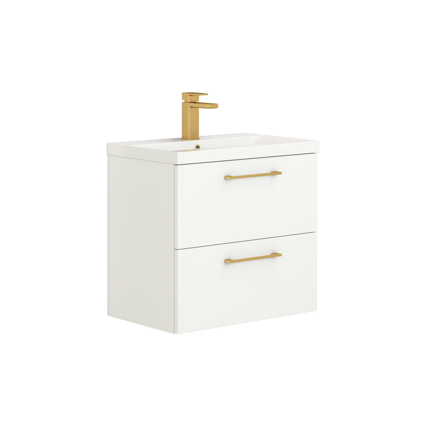 Modena 800mm Satin White Wall Hung Vanity Unit 2 Drawer Mid-Edge Basin With Brushed Brass Handle